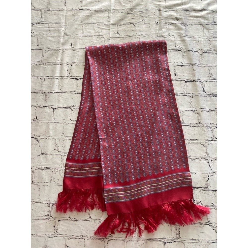 Japanese 100% Silk Fringe Vintage Red White Blue Rectangular Scarf 12"x45" NWOT - Picture 3 of 16